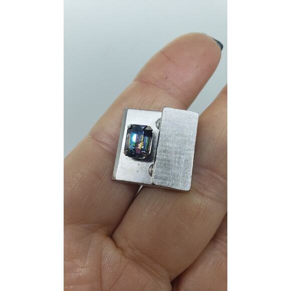 Vintage Cufflinks Swank Silver Rivoli Rainbow Rhinestone Cuff Links 1960s - Picture 9 of 9